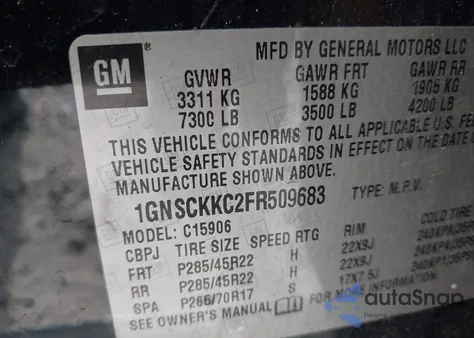 2015 Chevrolet Suburban 1500 Ltz z USA, uszkodzony, nr VIN 1GNSCKKC2FR509683